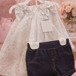 Baby Girl 2-Piece Outfit – White Polka Dot Bow Top & Denim Shorts Set (18–24M)